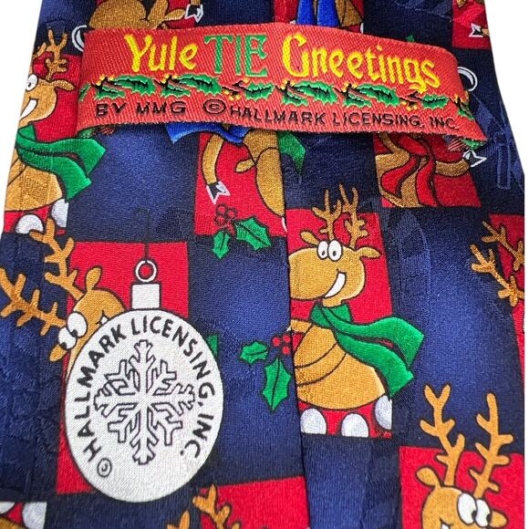 Hallmark Yule Tie Greetings w/Comical Reindeer in Blue Multicolored Silk - Picture 3 of 4